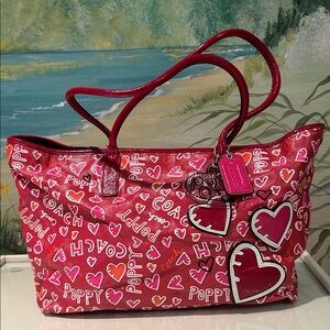 Coach Red Pink Poppy Heart Tote